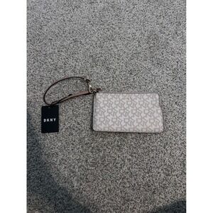 DKNY Wristlet‎ Pouch Logo Print Zip Around Card Case Wallet Clutch Beige
